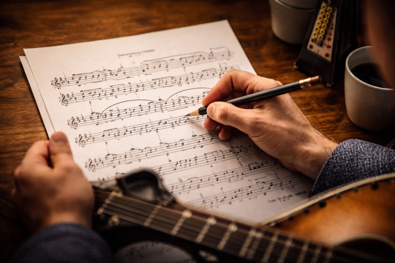 Musician marking phrasing on sheet music with pencil beside Irish bouzouki to improve musical expression and timing